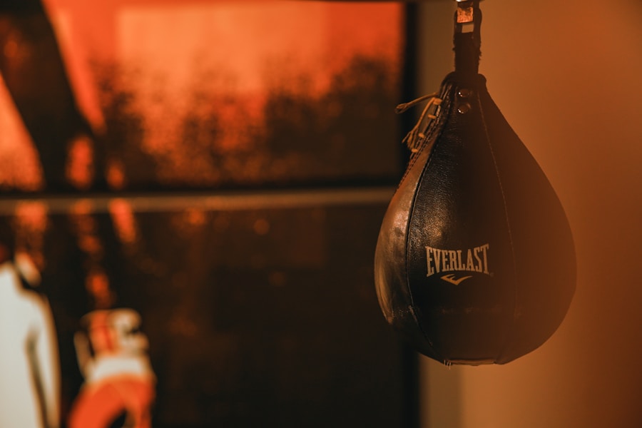 A speed bag hanging in a boxing gym